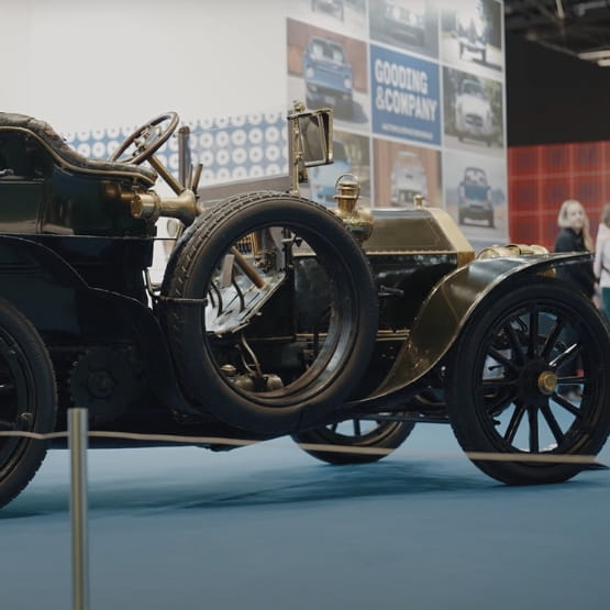 Profile of a Mercedes 60HP on a blue carpet at Rétromobile 2024