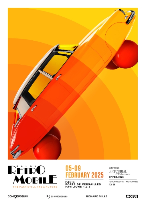 Rétromobile 2025 poster with DS car and orange colours
