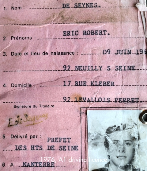 Photo of Éric de Seynes's A1 license with caption in English