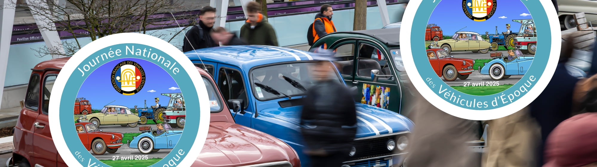 Image with the FNVE logo showing a gathering of 4L cars of different colours with people who have come to admire them