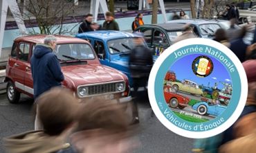 Image avec le logo FNVE montrant un rassemblement de voitures 4L de différentes couleurs avec des personnes venues les admirer.