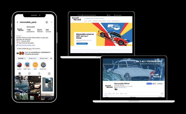 Several digital media for Rétromobile 2026 on a black background