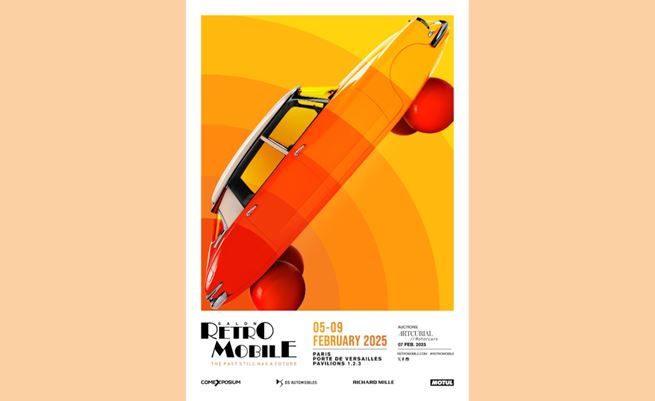A3 format of a DS orange balloon classic car with Rétromobile 2025 infographic dates and access on an orange background