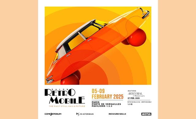 Instagram picture of a DS orange balloon classic car with Rétromobile 2025 infographic dates and access on an orange background