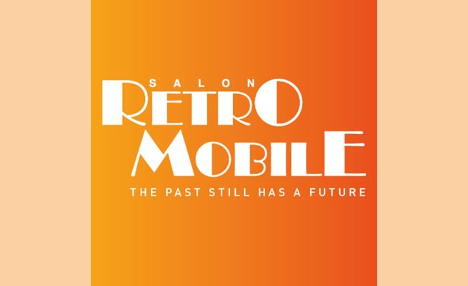  Orange colour logo of Retromobile 2025 size 500x500 on an orange background