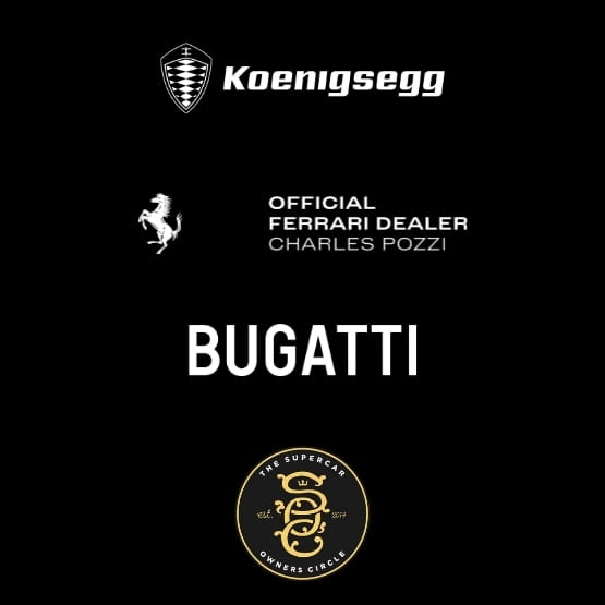 Koenigsegg, Pagani, Ferrari dealer, Bugatti and Supercar Owner logos on black background