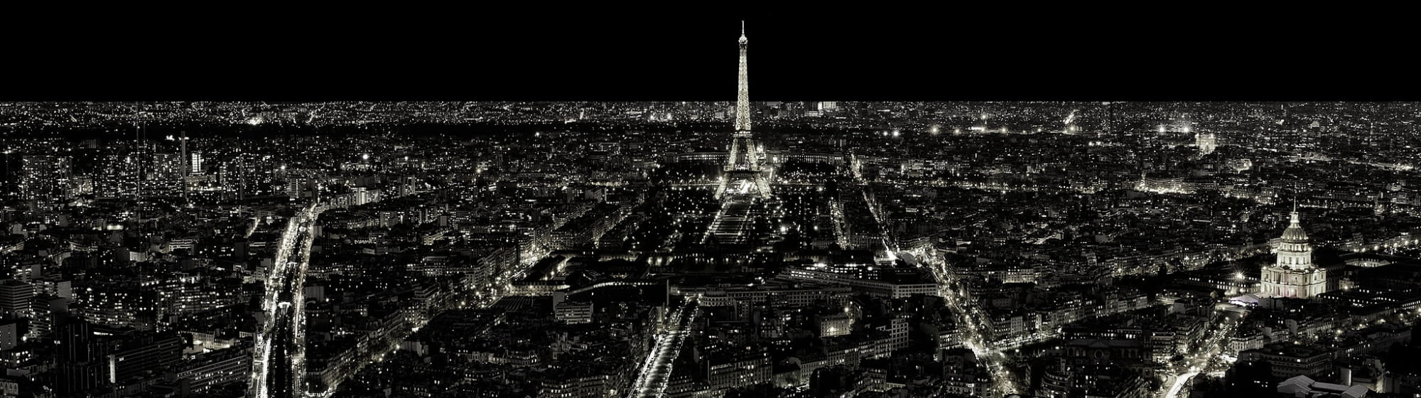Black and white photograph of Paris with the Eiffel Tower